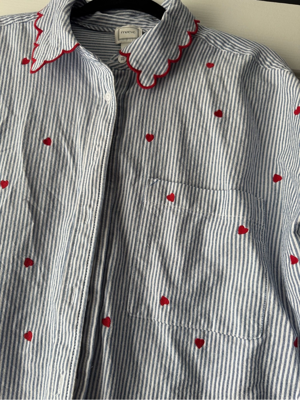 Maeve Anthropologie Mabel Boxy Oxford Shirt Medium Embroidered Hearts - Picture 6 of 8
